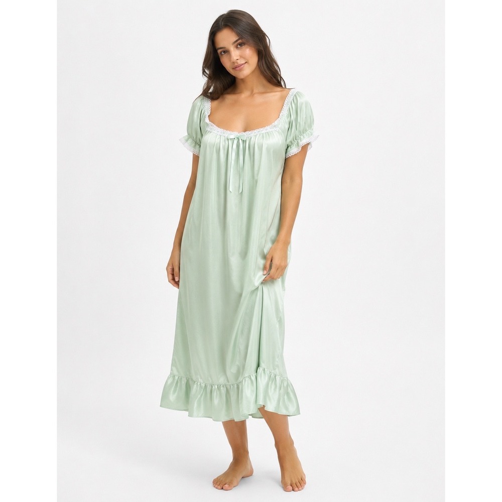 Vintage Mint Lace 100% Nylon Nightgown Puff Sleeve Romantic Cottagecore Retro 12